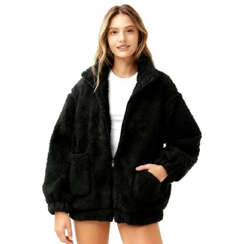 Women's Oversized Fleece Jacket Sherpa Zip Up Winter Faux Fur Coat